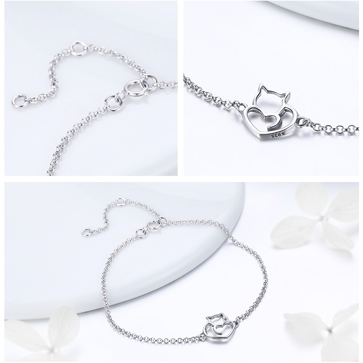 Silver Cat and Heart Bracelet