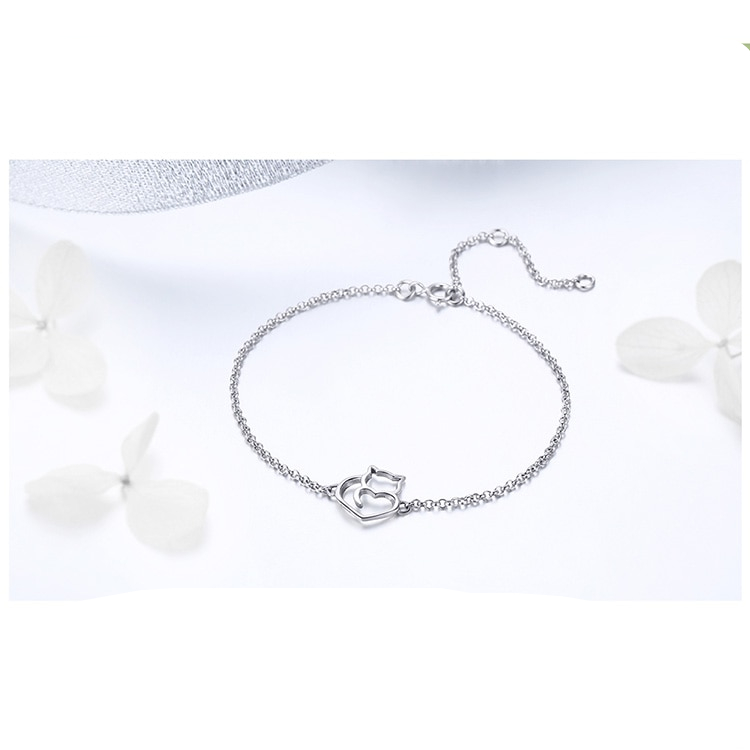 Silver Cat and Heart Bracelet